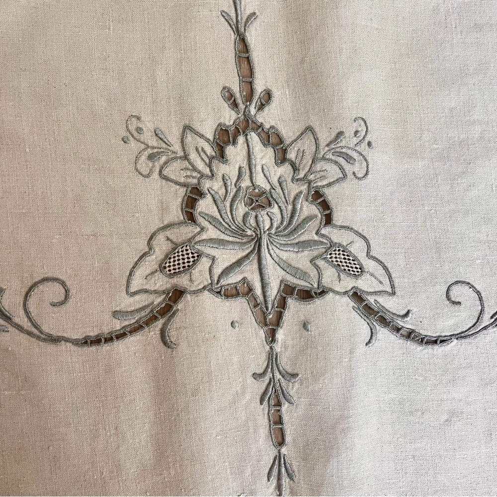 Vtg Madeira Embroidered Cutwork Lace Floral Linen Tablecloth 113”x62” & Napkins - Picture 5 of 10